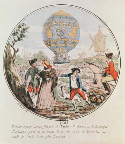 El primer viaje aéreo por el señor François Pilâtre de Rozier (1754-85) y el marqués de Arlandes (1742-1809) de Muette al molino de Croule-Barbe, 21 de noviembre de 1783 de De Frene